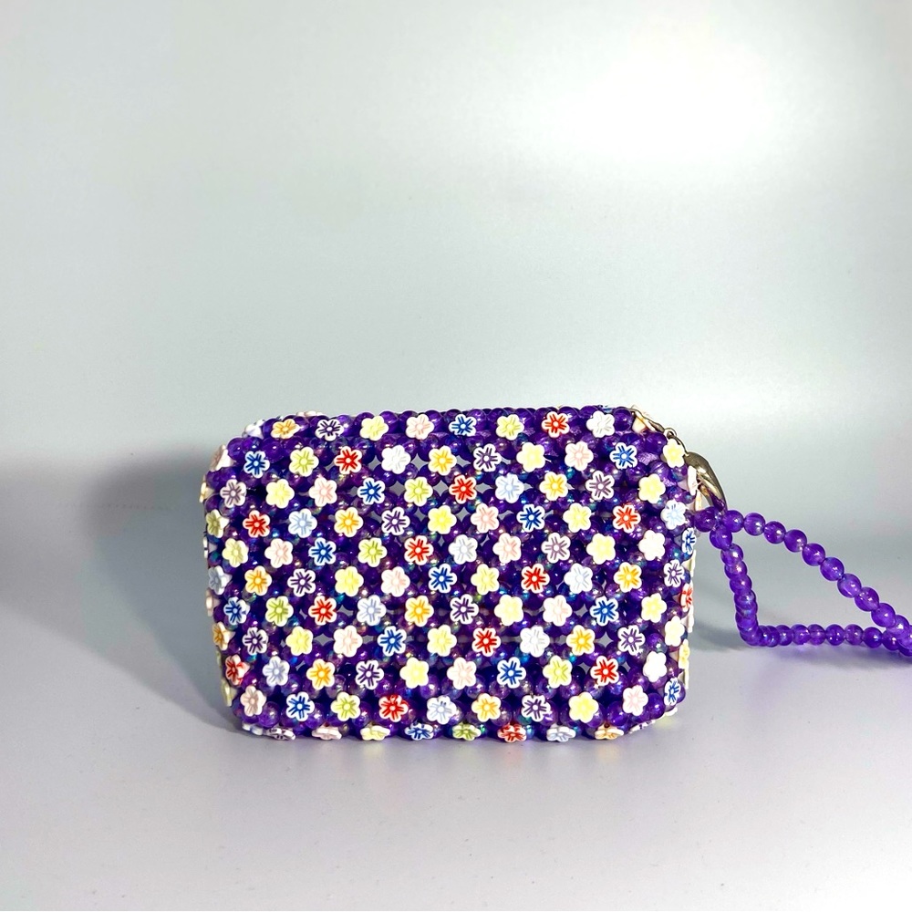 Purple and rainbow handbeaded wallet or coin bag